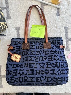 Dooney & Bourke Navy Logo Tote with Brown Leather Handles
